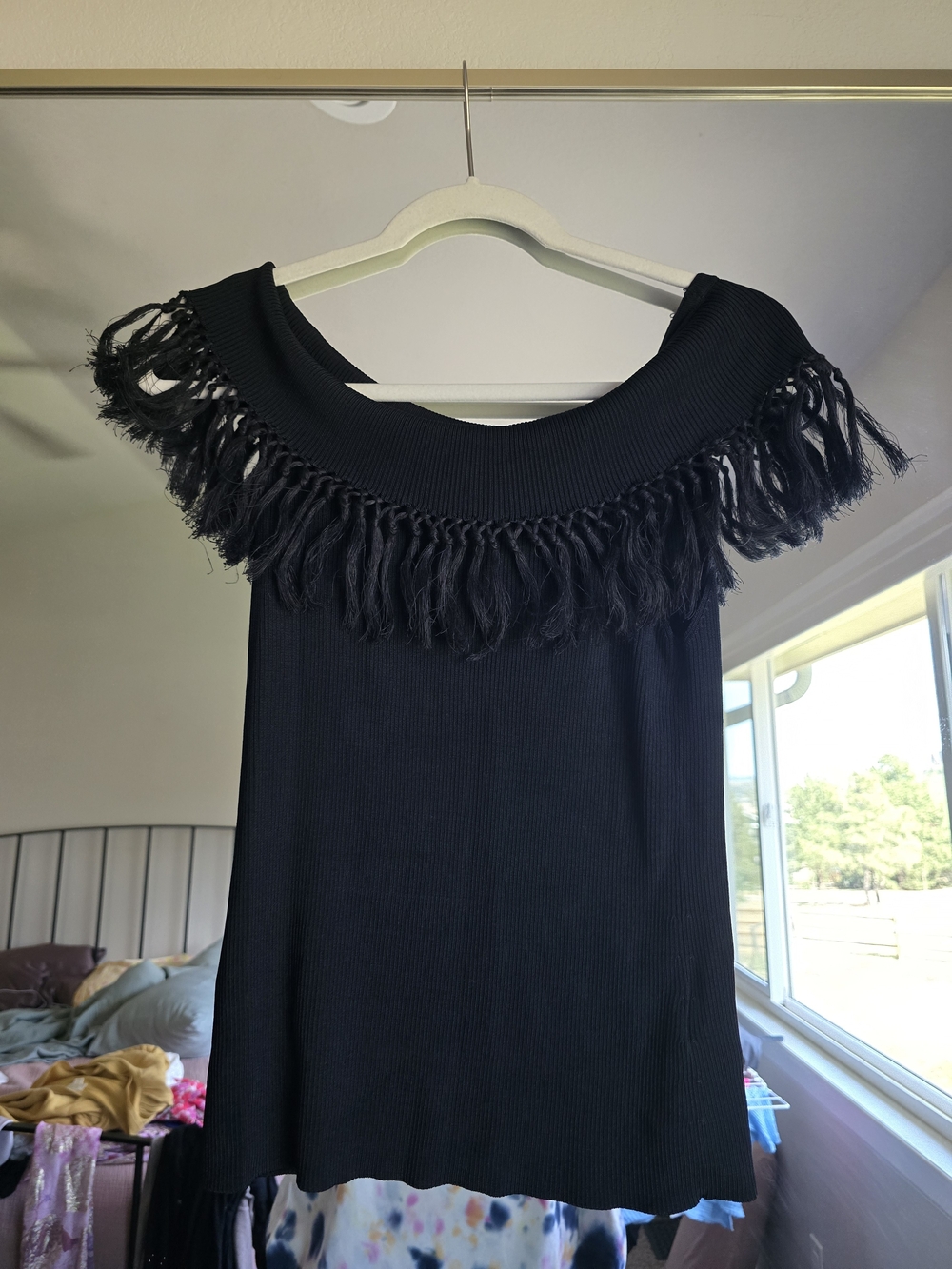 Ralph Lauren Black Fringe Ribbed Knit Top